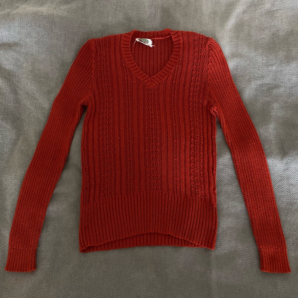 Vintage 70s Rust Red Ribbed Knit V-Neck Sweater